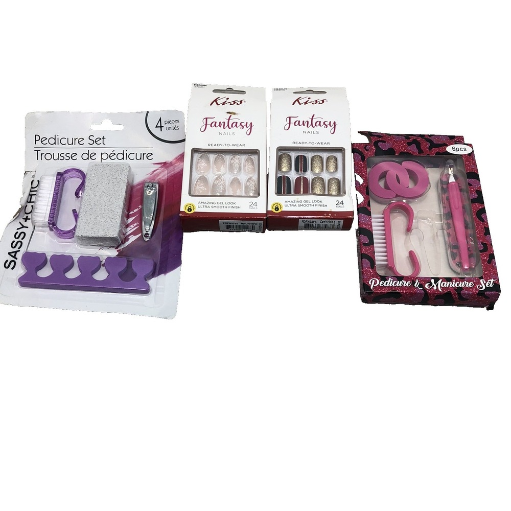 2 KISS Gel Nails (Long) Press On / Glue Manicure Set + Mani Pedi Tools